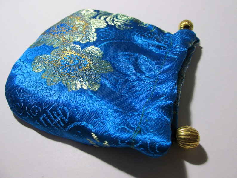 4 Turquoise Blue Silk Brocade Fabric Pull-String Pouch with Floral Motif