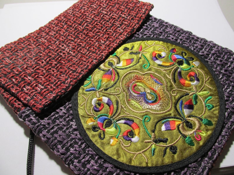 6 34 x 8 14 Flat Red and Purple Loose Weave Burlap Fabric Pouch with Oriental Mandala Motif