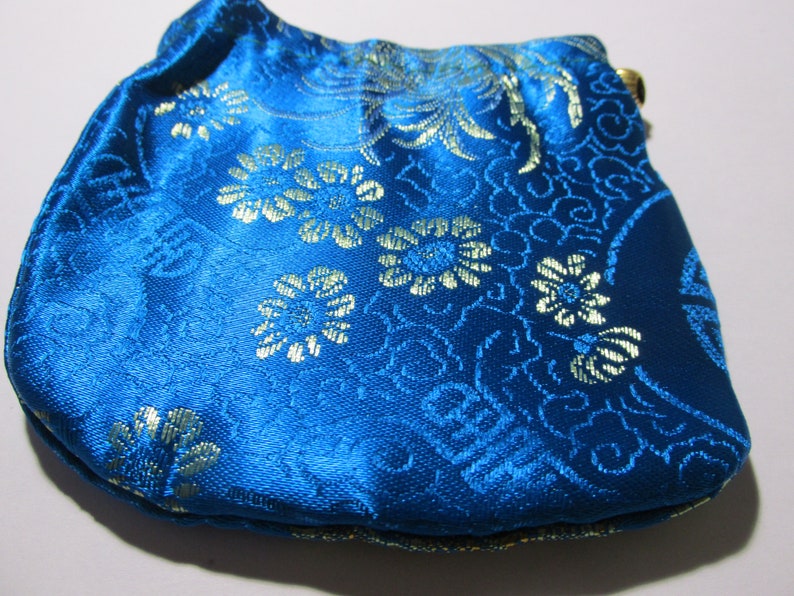 4 Turquoise Blue Silk Brocade Fabric Pull-String Pouch with Floral Motif