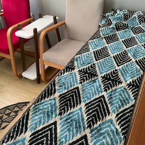 Light Blue Black Acacia Diamonds Velvet Ikat Fabric - Handwoven Uzbek velvet silk ikat fabric by the yard - SKU 16V329
