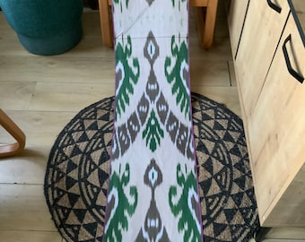 Green Uzbek Ikat Fabric: Handwoven Cotton Loomed Traditional Art Textile