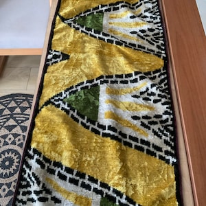 Gold Tulip Design Velvet Eclectic Ikat Fabric | Gold, Green Handwoven Uzbek Silk Velvet Fabric  - SKU 16V335