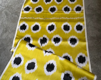 Lime Green Ikat Silk Fabric: Black Polka Dot Handwoven Boho Art Textile