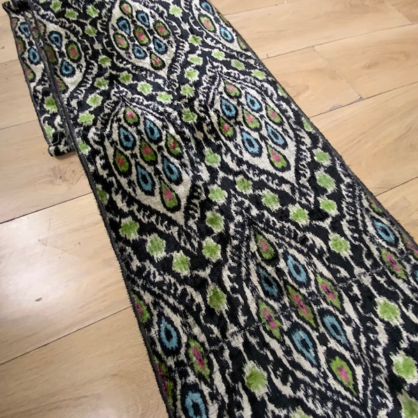 Handwoven Velvet Ikat Fabric: Ottoman Green Blue Kilim Pattern