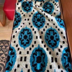 Dutch Blue Traditional Velvet Ikat Fabric -  Blue Ovals, Black Spots Handwoven Uzbek Silk Fabric For All Seasons  - SKU 16V036