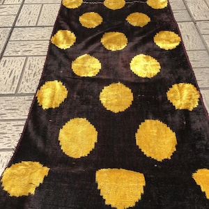 Yellow Polka Dot Handwoven Uzbek Velvet Ikat Fabric: Handcrafted Silk Cotton Blend