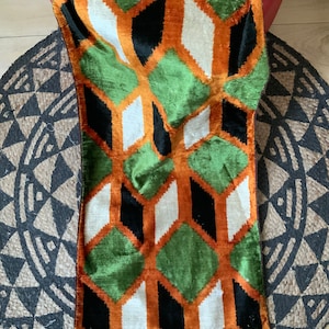 Green multi diamonds velvet fabric ; Handwoven uzbek silk ikat geo fabric - SKU 16V075