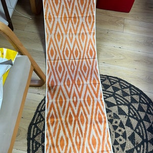 Orange Dirty White Silk Ikat Fabric - Handmade Geo Merigold Beige Silk Uzbek Ikat Fabric - SKU 16S157