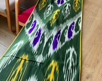 Handwoven Ikat Cotton Fabric: Forest Green Aztec Paisley Design  Traditional Uzbek Textile