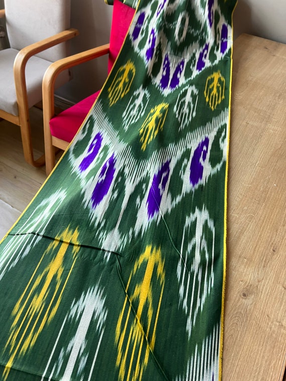 Handwoven Ikat Cotton Fabric: Forest Green Aztec Paisley Design  Traditional Uzbek Textile