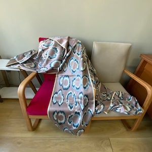 Light Bronze Uzbek Silk Ikat Fabric - Light Brown Blue Abstract Circles Handcraftted Fabric  – Designer Handwoven Ikat Fabric - SKU 16S271