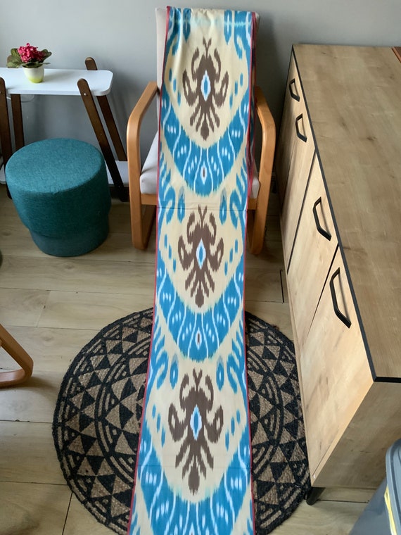 Handwoven Uzbek Ikat Cotton Fabric: Deep Blue & Yellow Designer Textile