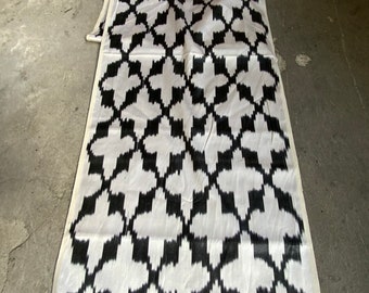 Black White Cross Design Silk Ikat Fabric: Handwoven Uzbek Art