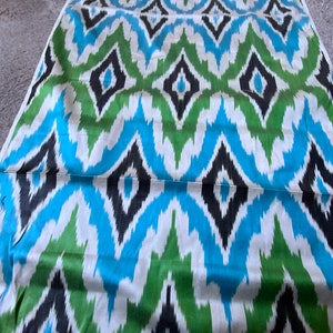 Green Blue Silk Ikat fabric – Water effected Lattice Uzbek Wide Ikat Fabric from Uzbekistan  - SKU 22S019
