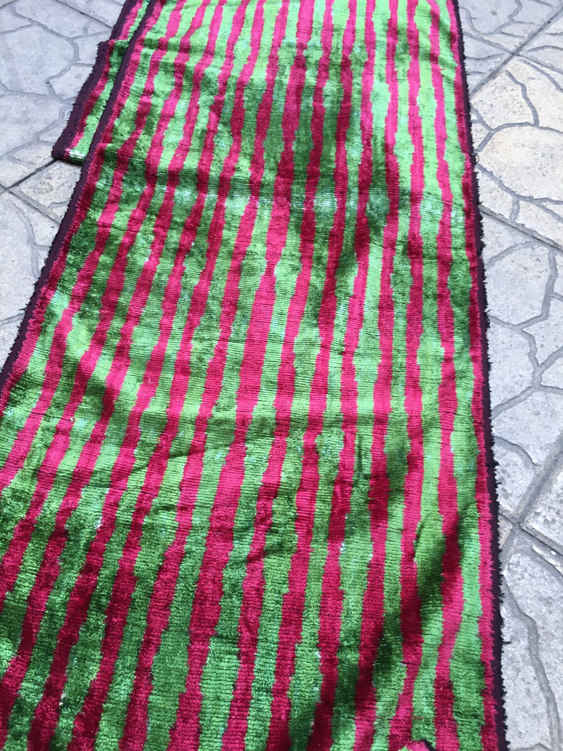 Silk Velvet Ikat Fabric Green and Pink