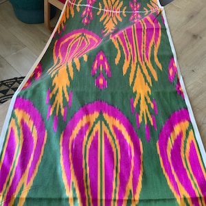 Fuchsia Tulip, Green Uzbek Silk Fabric | Soft Retro Ikat Handwoven Fabric  - SKU 16S034