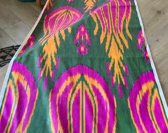 Fuchsia Tulip, Green Uzbek Silk Fabric | Soft Retro Ikat Handwoven Fabric  - SKU 16S034