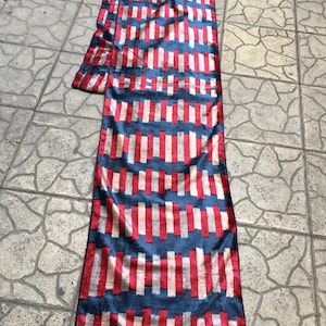 Red Stripes Blue Silk ikat Fabric - Red Blue Velvet Silk Fabric - American Flag Colors Fabric - Handwoven Uzbek Art - - SKU 16V248
