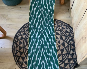 Handwoven Dark Green Cotton Ikat Fabric: Hand Loomed Uzbek Fish Scale Dots