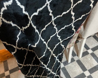 Black Velvet Moroccan Quatrefoil Seamless Ikat Fabric - Uzbek Silk Black Beige Mosaic Pattern - Handloomed  Silk Ikat Fabric  - SKU : 16V320