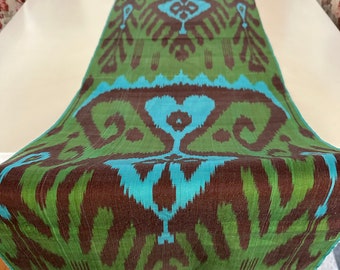 Handwoven Silk Ikat Fabric: Masterpiece Artisan Weave Green Blue Uzbek Adras Textile