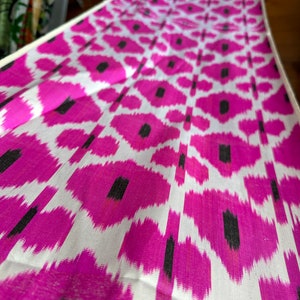 Glossy Hot Pink Tiny Diamonds Silk Ikat Fabric | Fuchsia Pink small diamonds hand-loomed uzbek ikat fabric for designers  - SKU 16S137