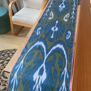 Dark Green Blue Cotton Ikat Fabric- 100% Handwoven Cotton Uzbek Art Fabric for Sewing - Shalwar Kameez Fabric - SKU 16C033