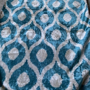 Aqua Blue Velvet Ikat Fabric: Traditional Handwoven Uzbek Silk, 22&quot; Wide