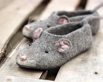 Mouse woman slippers, custom gray mice, rat, felted, personalized, natural wool girl clogs, shoes, christmas gift, Chinese lunar New Year