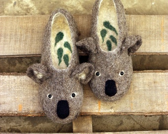 Koala bear slippers, australian animals, handmade eco wool flat shoes/toy, natural, felting, koalas shoes, gift, eucaliptus bear, funny