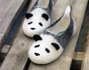Panda unisex slippers, bamboo bear handmade eco wool flat shoes/toy, natural, felting, felted animals, gift woman, girl, man, funny