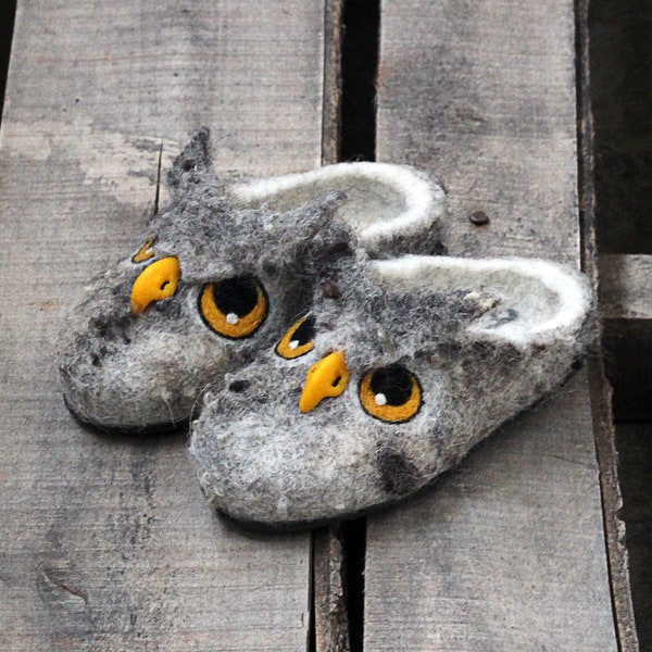 Owl kids slippers, handmade eco wool flat shoes/toy, natural, felting, felted animals, gift for boy, girl, bird slippers, toddler