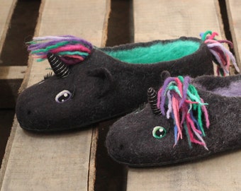 Black Unicorns slippers, legendary, kids clogs, horse, mythical creatures, fairy horses toy, natural felted wool, dark unicorn, kids shoes