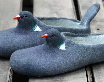 Wild pigeon slippers, dove, Culver wool flat shoes, natural, felting, felted wood, gift for woman, girl, bird slippers, personalized, doves