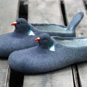 Wild pigeon slippers, dove, Culver wool flat shoes, natural, felting, felted wood, gift for woman, girl, bird slippers, personalized, doves