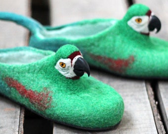 Green macaw parrot slippers, eco wool flat shoes, natural, felting, felted parrot, gift for woman, girl, bird clogs, personalized gift