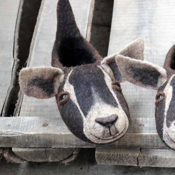 Farm goat felt slippers – handmade wool shoes for goat lovers