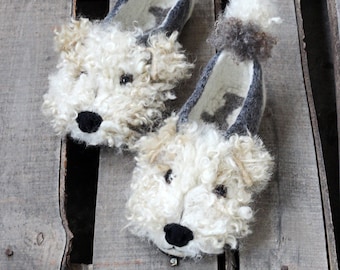 Custom Wire Fox Terrier felted dog slippers, personalized, wool, Wirehaired, flat slippers, felting, wire hair fox terrier lovers gift