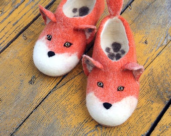 Red fox slippers, handmade eco wool flat shoes/toy, natural, felting, felted animals, gift for woman, girl, man, foxes, funny, wild