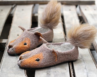 Squirrel premium unisex slippers, red, grey squirrels handmade eco wool flat shoes, natural, felting, felted animals, gift woman, girl, man