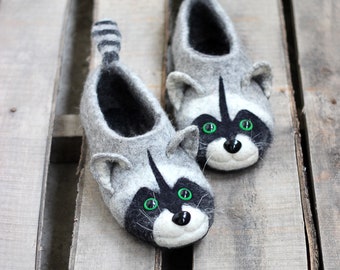 Raccoon premium slippers, coon handmade eco wool flat shoes/toy, natural, felting, felted animals, gift for woman, girl, man, funny, wild