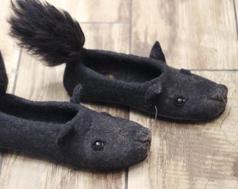 Black squirrel handmade felted slippers