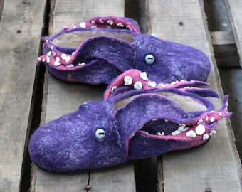 Octopus slippers, handmade custom wool felted shoes, Cuttlefish, Cuttles, sea animals, ocean, felting, Squid, personalized,