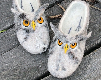 Owls slippers, handmade owl, wool flat shoes/toy, natural, felting, felted animals, gift for woman, girl, bird slippers, personalized soft