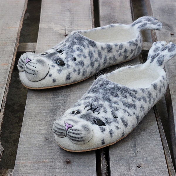 Seal slippers, handmade custom wool felted shoes, sea mammals, ocean animals, natural felting, polar animals, personalized