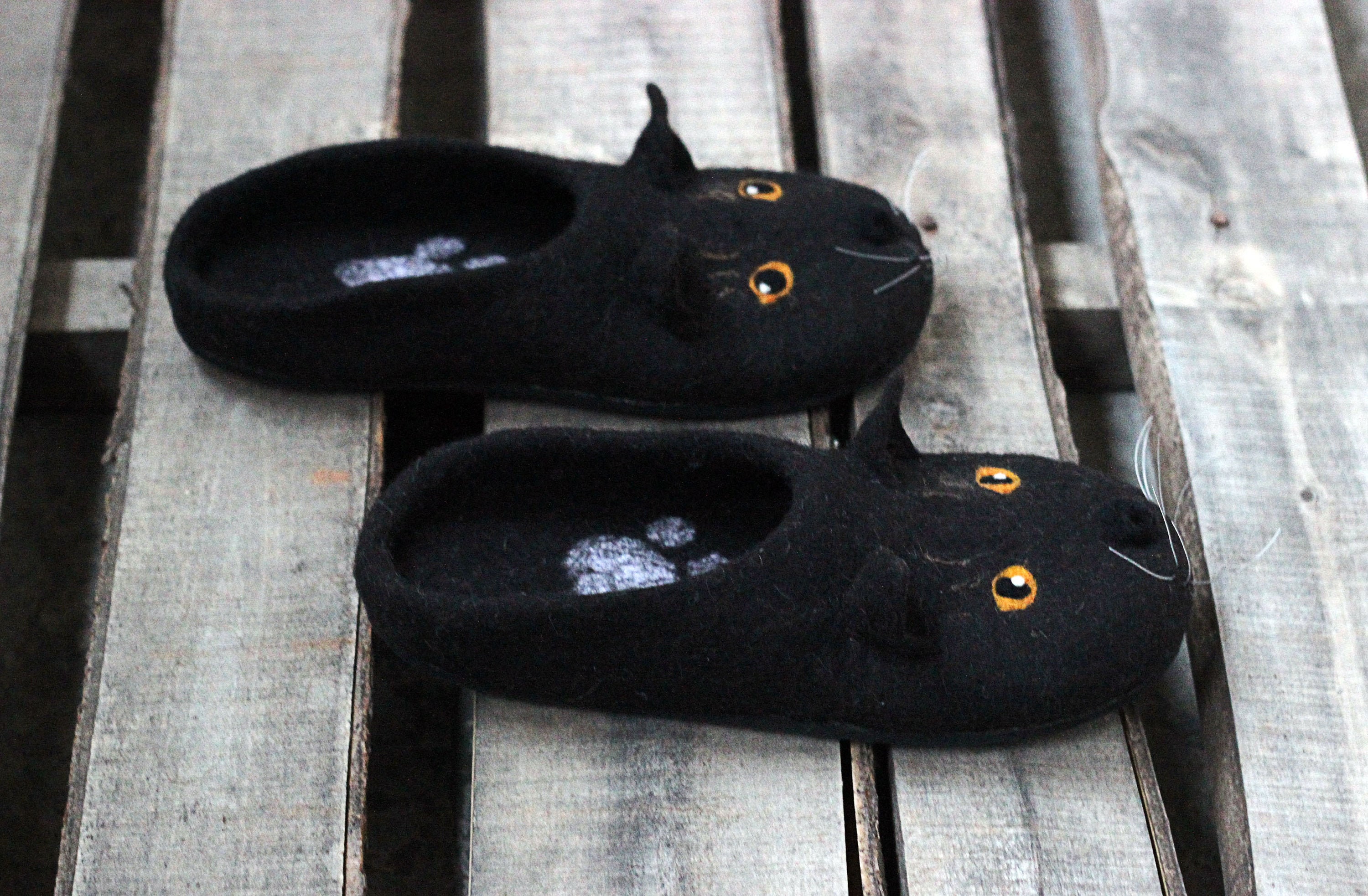 Black Cat slippers for men cats wool shoes felted animals Etsy