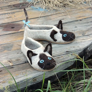 Siamese cats slippers, Himalayan cats, mink, Tonkinese, Burmese cat toy, animals, custom size, felted shoes, wool, cats, flat slippers, gift imagen 2
