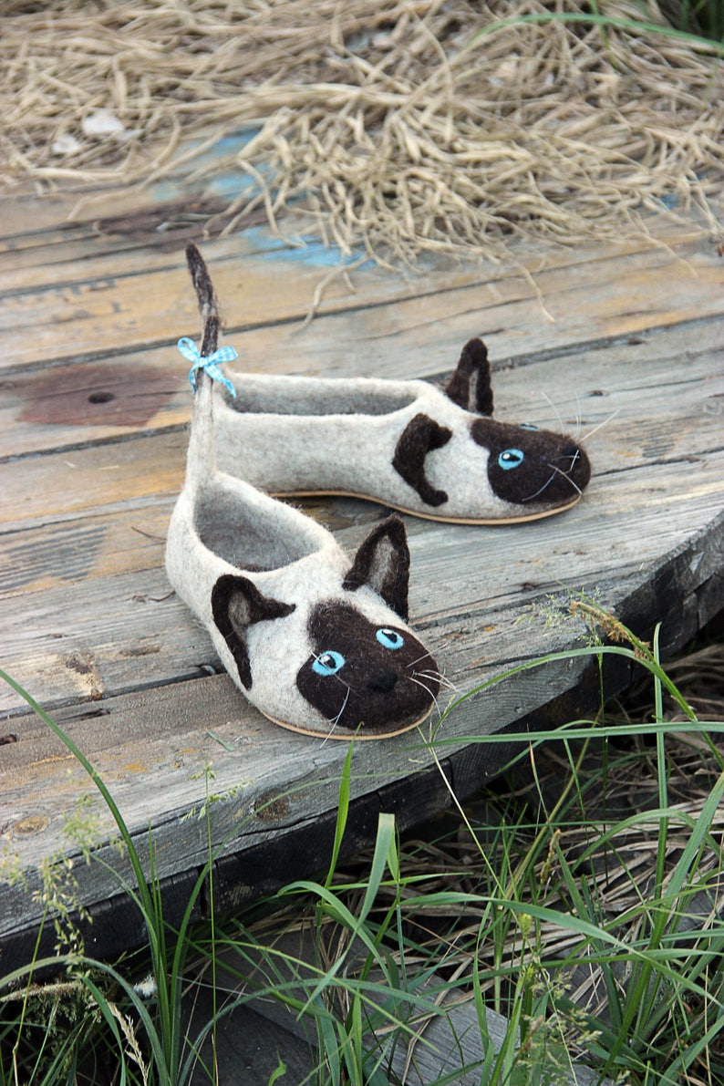 Siamese cats slippers, Himalayan cats, mink, Tonkinese, Burmese cat toy, animals, custom size, felted shoes, wool, cats, flat slippers, gift imagen 2