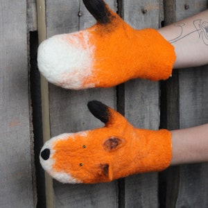 Red fox handmade wool felted mittens