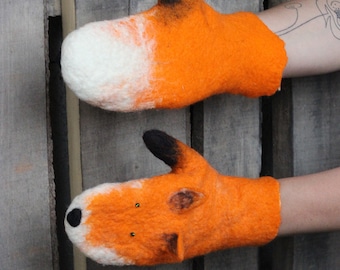 Fox felted mittens, all season, natural felted wool, womens, foxes snow winter gloves, personalized, custom, fashion trends, gift for girl